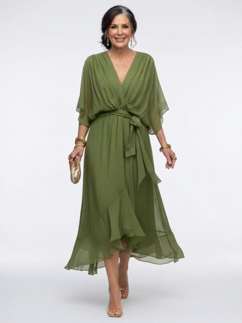 V-Neck Kimono Sleeve Waist Tie Ruffle Hem Midi Dress