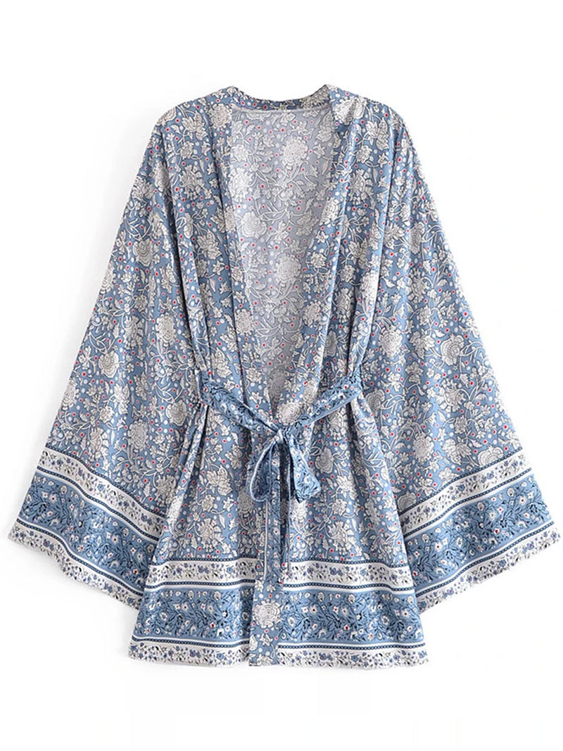 Beachwear Leaf Print Blue Color Cotton Short Length Gown Kimono Duster Robe - Fashionpara