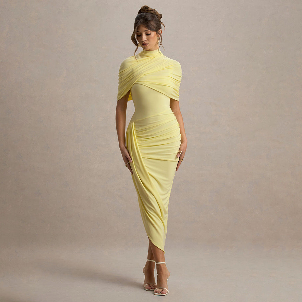 High-Neck Draped Cape Ruched Bodycon Midi Dress