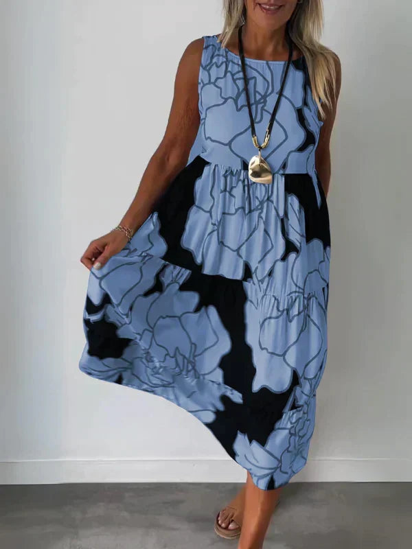 Sleeveless Round Neck Tiered Swing Midi Summer Dress
