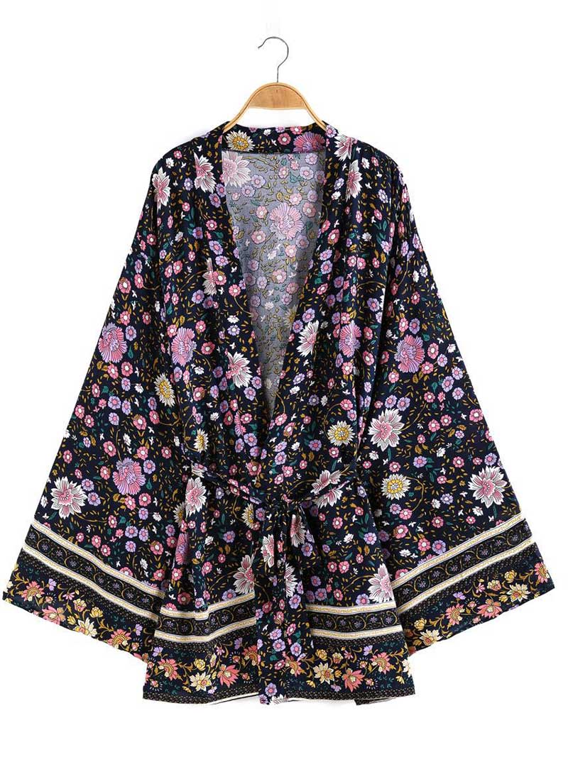 Party Wear Short Length With Floral Print Black Color Cotton Gown Kimono Duster Robe - Fashionpara