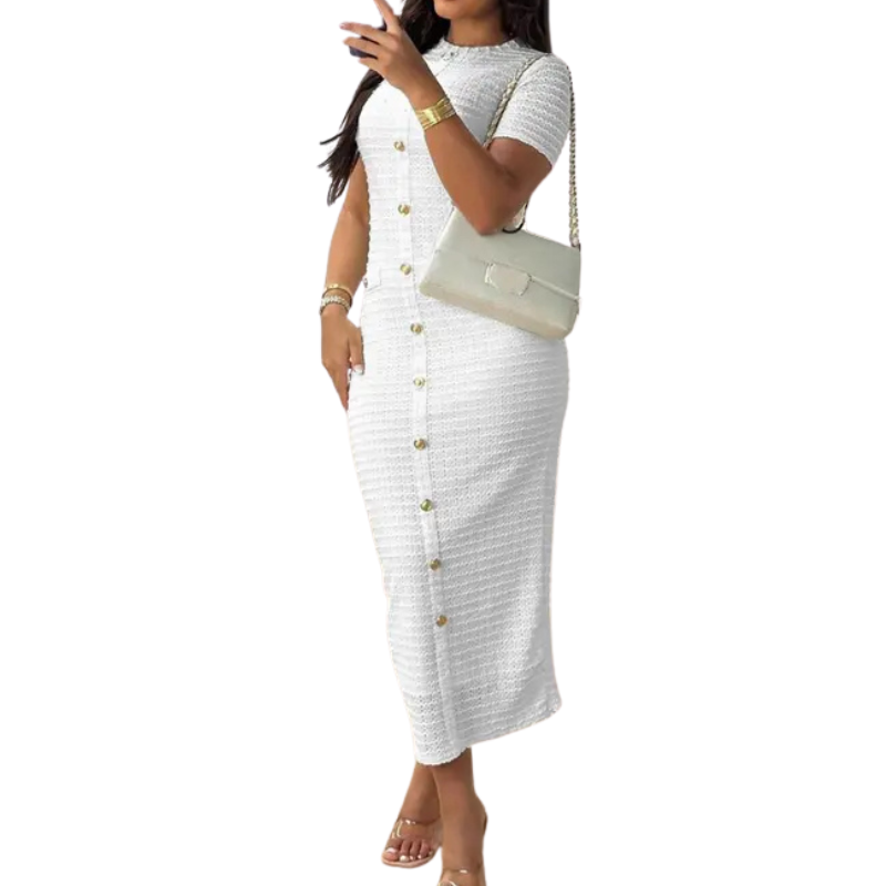 Crew Neck Short Sleeve Button Front Textured Bodycon Midi Dress
