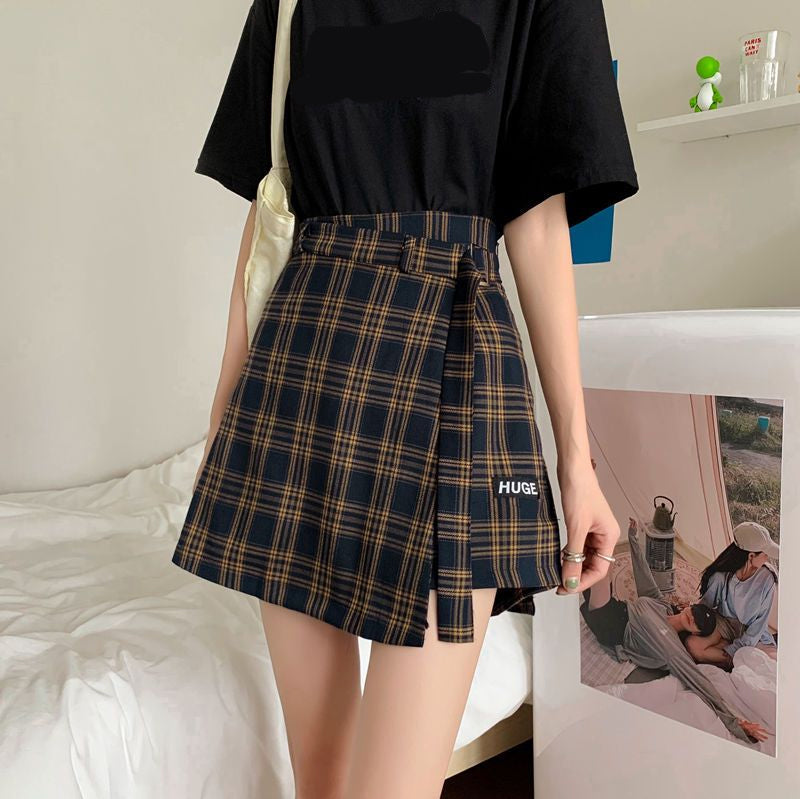 High Waist Irregular Plaid Skirts With Belt - Fashionpara