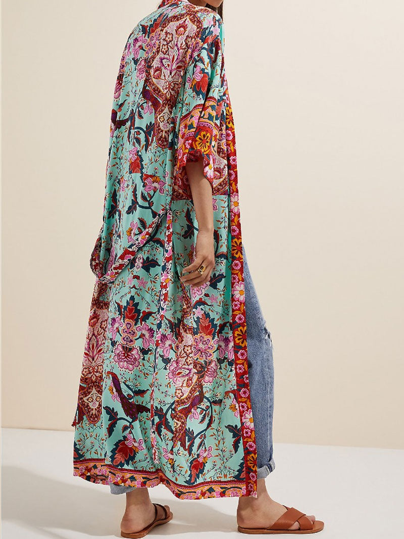 Nightwear Floral Print Green Color Cotton Long Length Gown Kimono Robe - Fashionpara