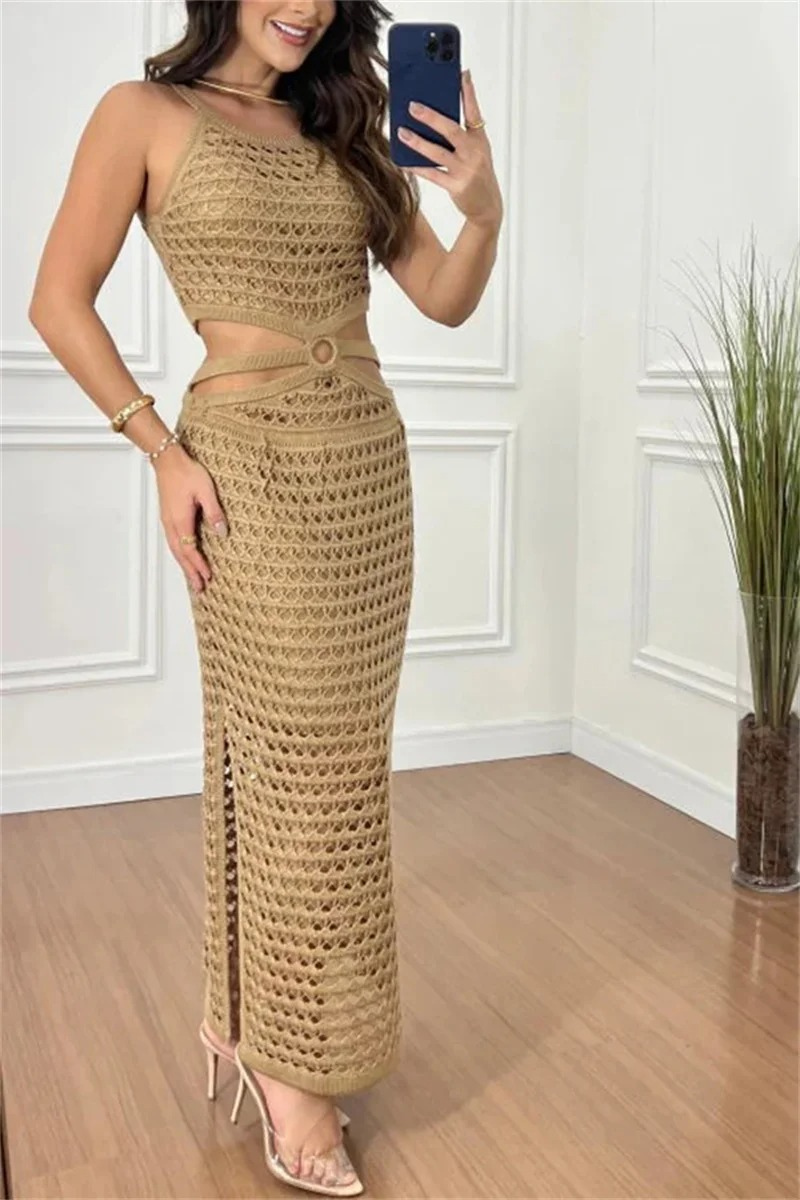 Crochet Knit One Shoulder Ring Waist Cut Out Side Slit Maxi Dress - View 4
