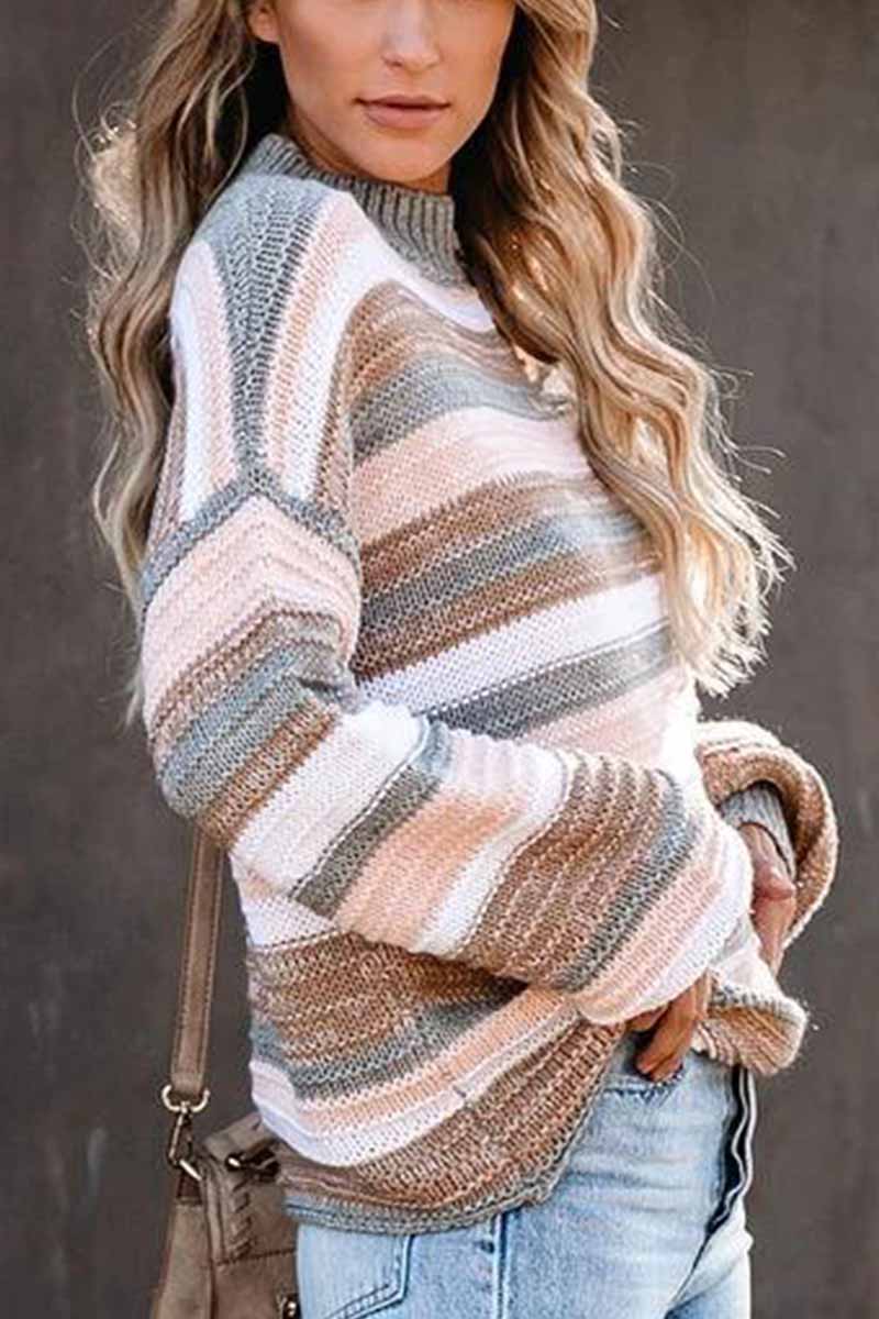 Florcoo Long-Sleeved O-neck Striped Sweater for Elegance
