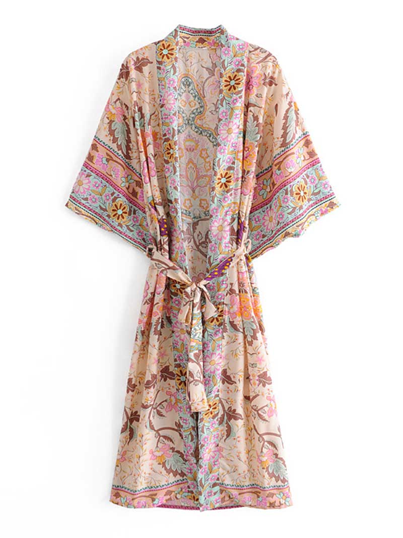 Partywear Cotton Kimono Robe Floral Print Beige Color Long Length Gown Robe Kimono - Fashionpara