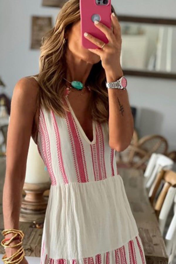 Dreamy Mood Linen Blend Ethnic Colorblock Print A-line Midi Dress - Fashionpara