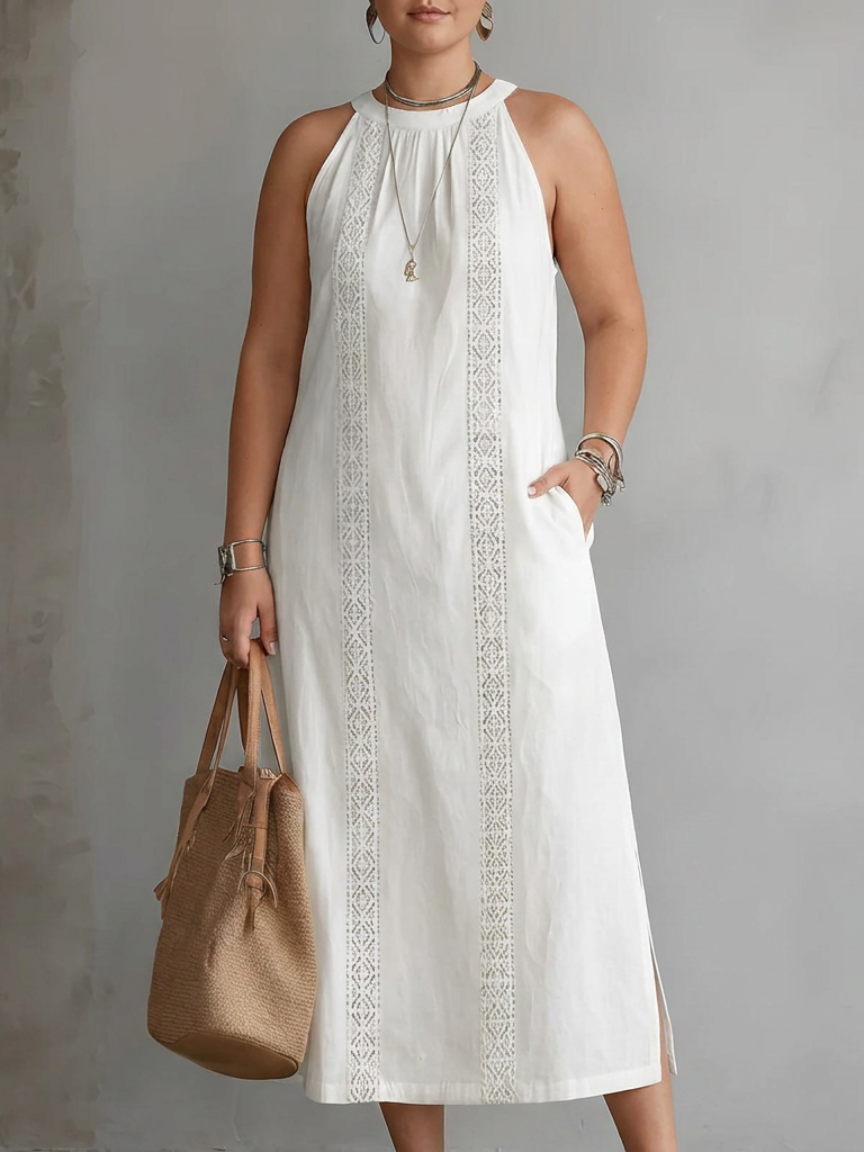 Halter Neck Sleeveless Lace Trim Side Split Midi Dress 2