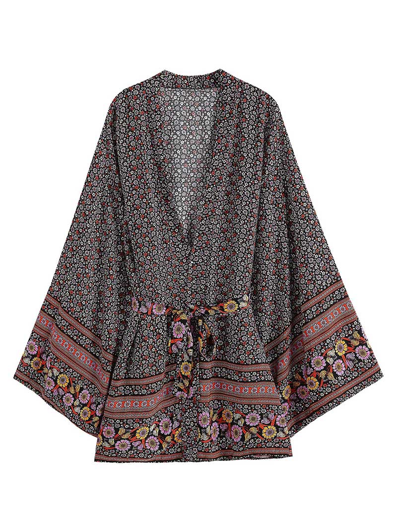 Party Wear Floral Print Black Color Cotton Short Length Gown Robe Kimono - Fashionpara