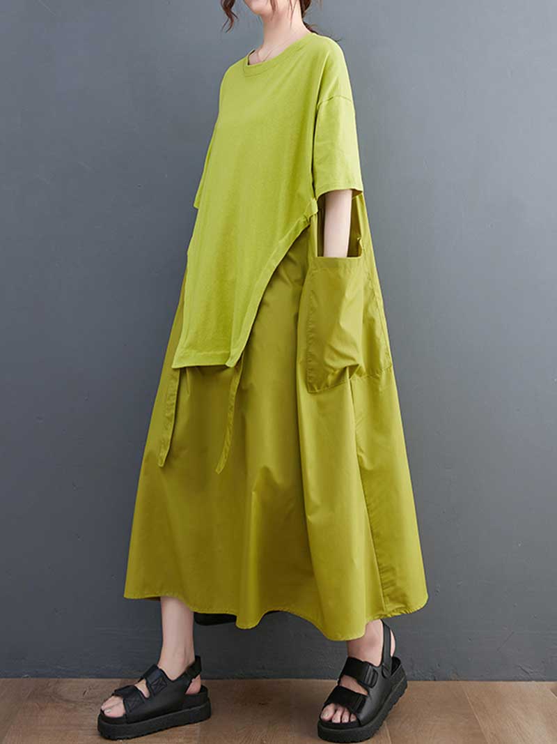 Plain Cotton Short Sleeve Pocket Style Midi Dress 3