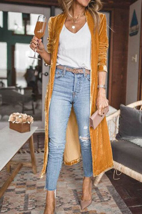 Stylish Open Front Long Sleeve Velvet Long Coat - Fashionpara