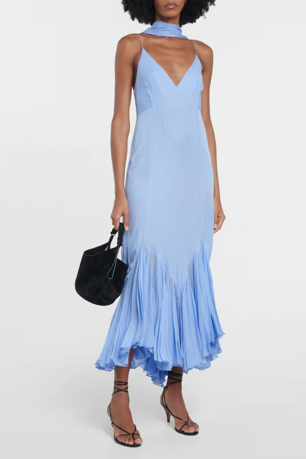 V-Neck Spaghetti-Strap Pleated-Hem Slip Midi Dress