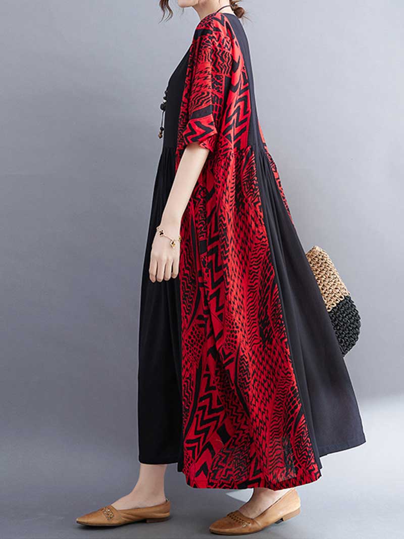 Geometric Print Round Neck Short Sleeve Pleated Maxi Dress 6