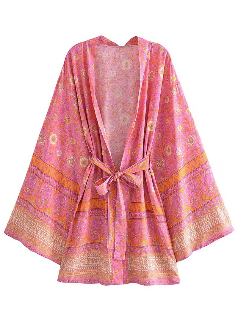 Short Kimono With Floral Print Pink & Yellow Cotton Short Length Gown Robe - Fashionpara
