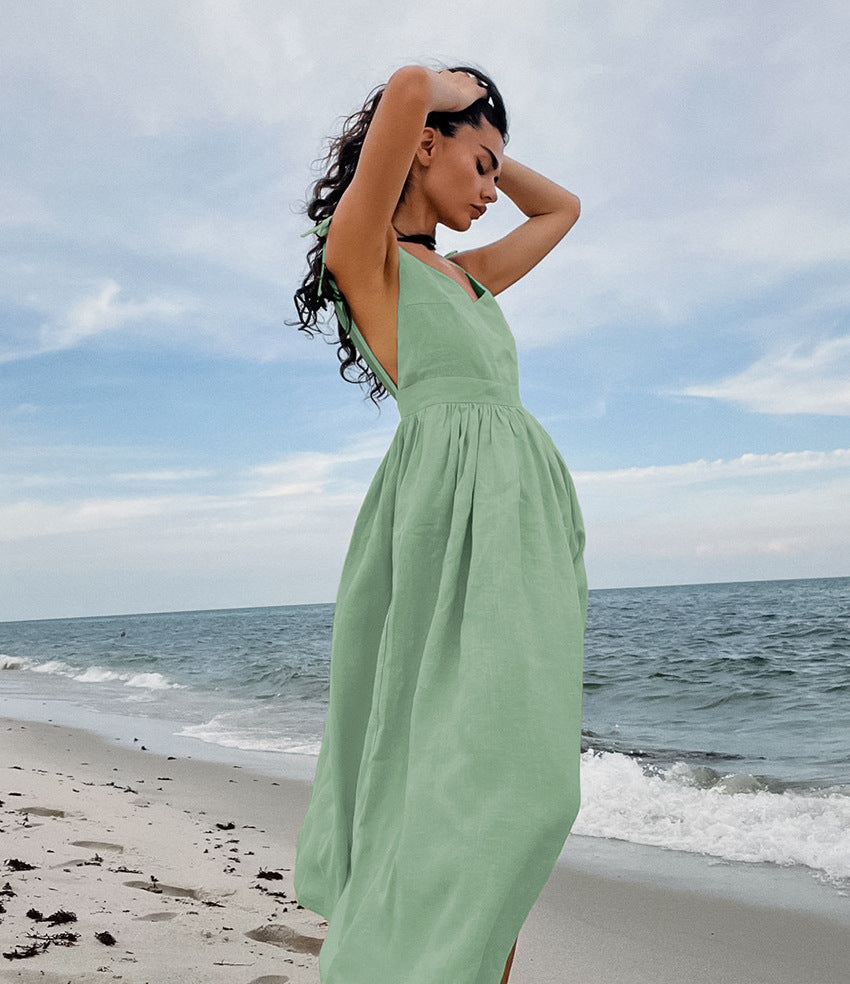 Linen Sweetheart Tie-Shoulder Gathered Midi Dress