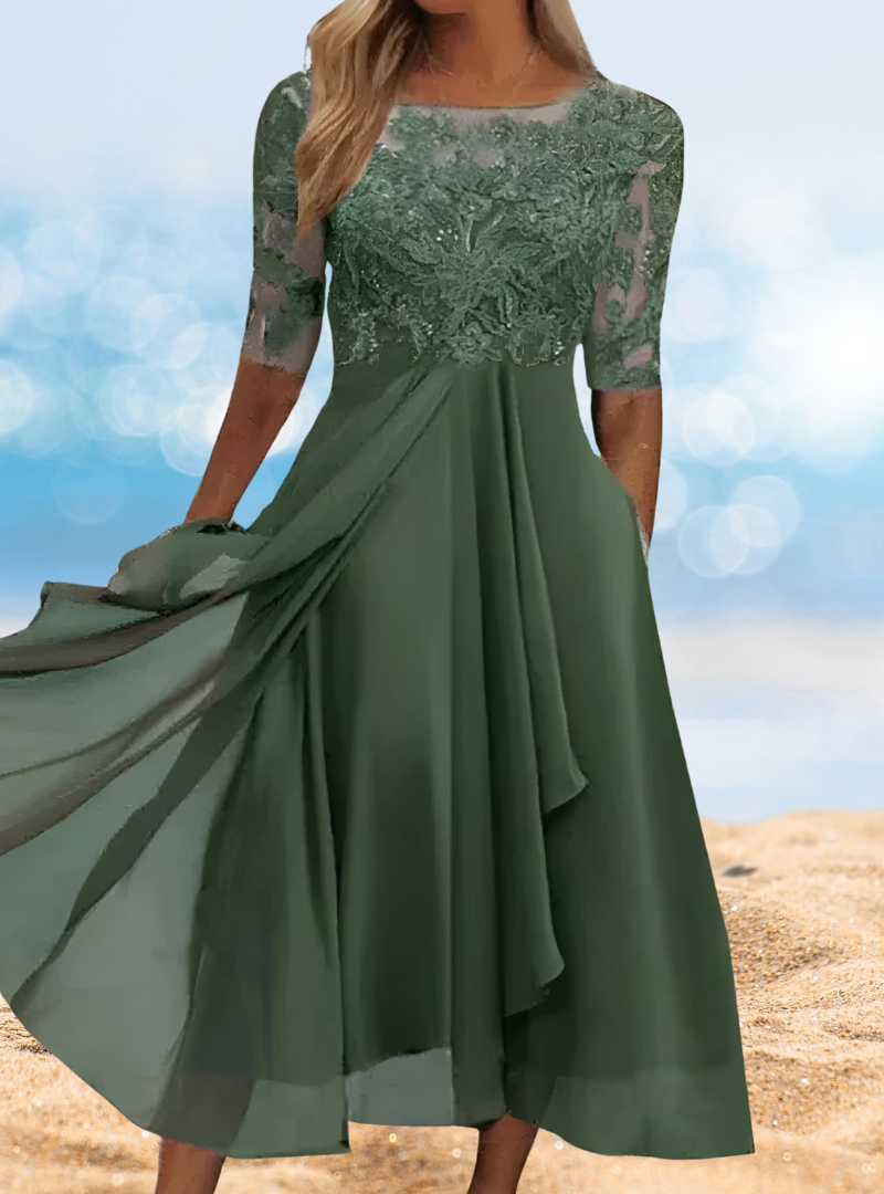Floral Lace Illusion Scoop Neck Mesh Sleeve A-Line Midi Dress
