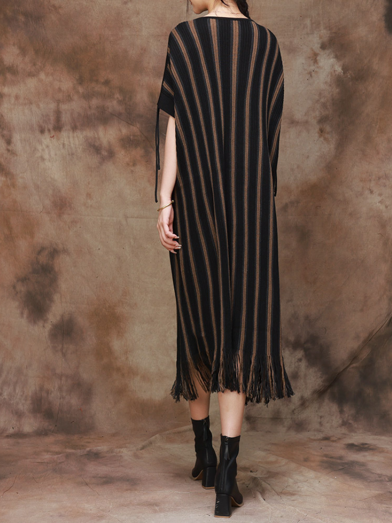 Striped Knit Round-Neck Fringe-Hem Midi Dress 2