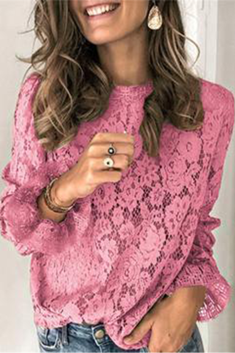 Florcoo Long Sleeve Openwork Lace Blouse(4 Colors)