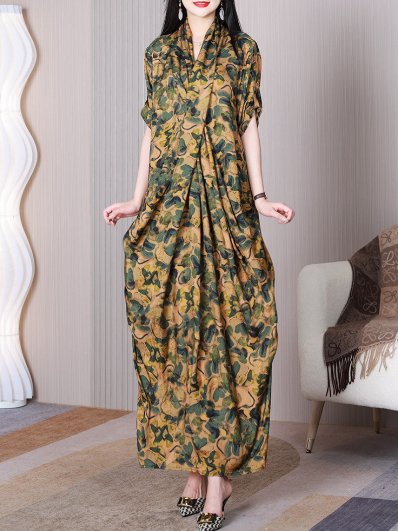 Abstract Print Cowl-Neck Short-Sleeve Draped Maxi Dress