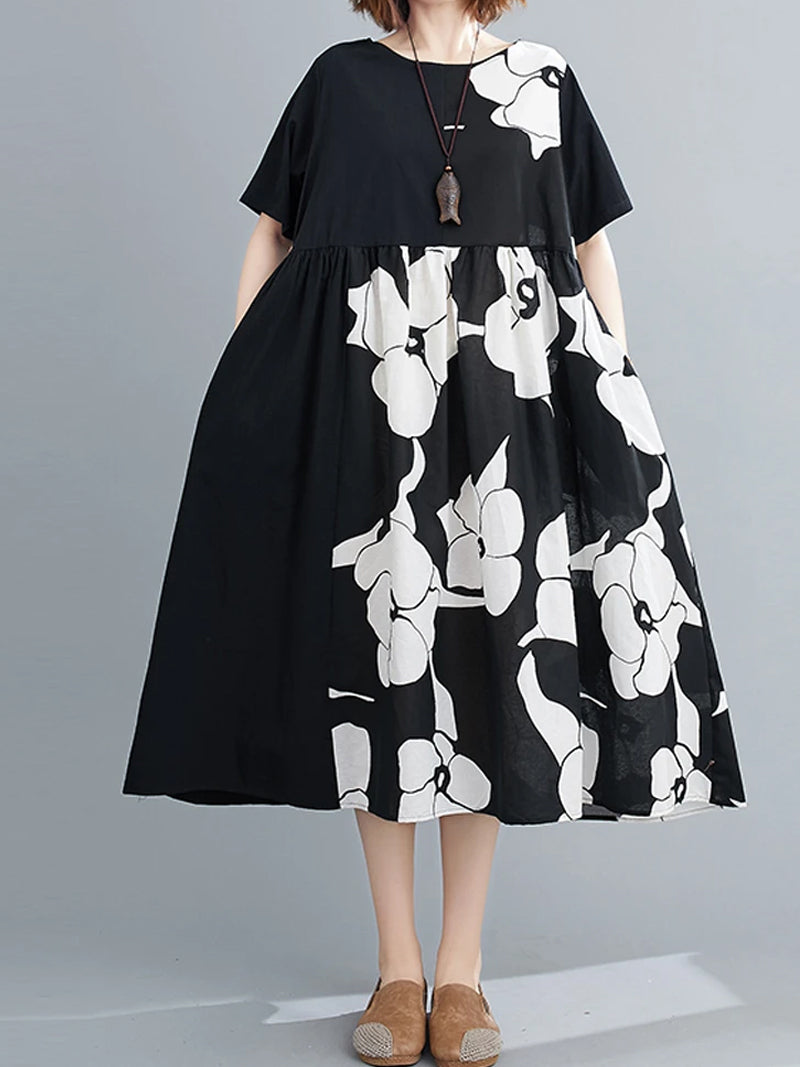 Floral Print Round Neck Short Sleeve Pleated Midi Dress