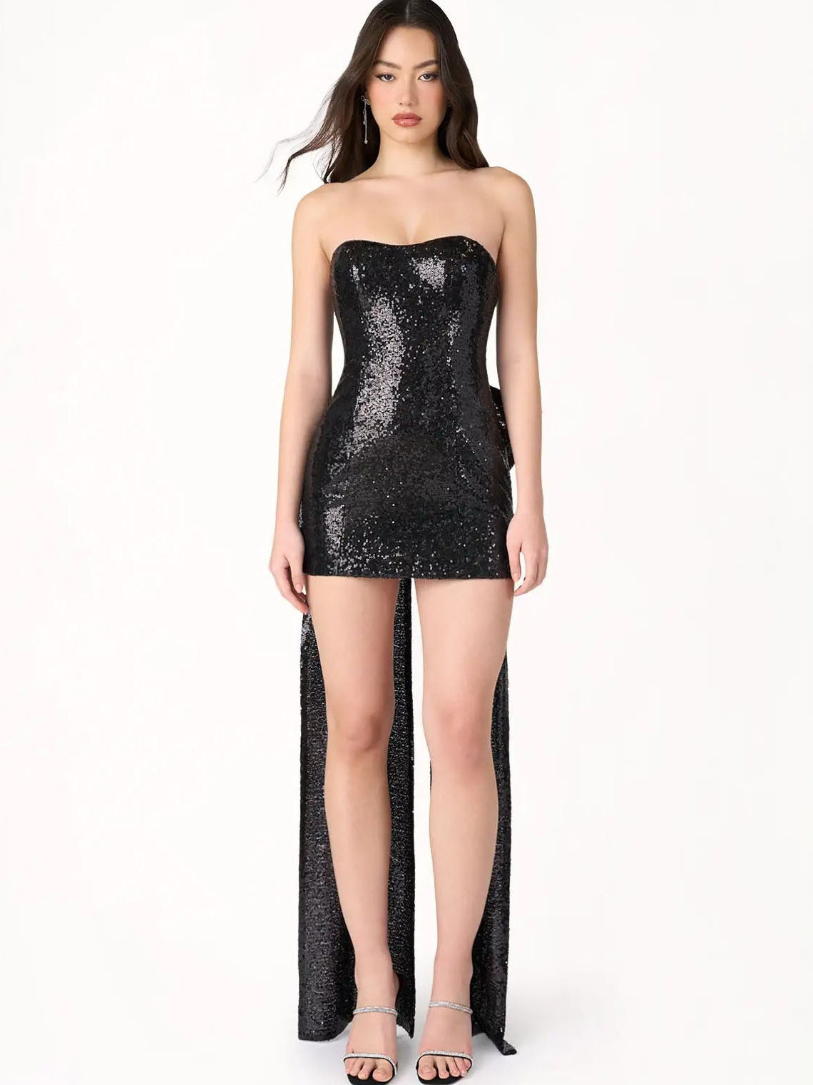 Sequin Strapless Bodycon Train-Hem Mini Dress