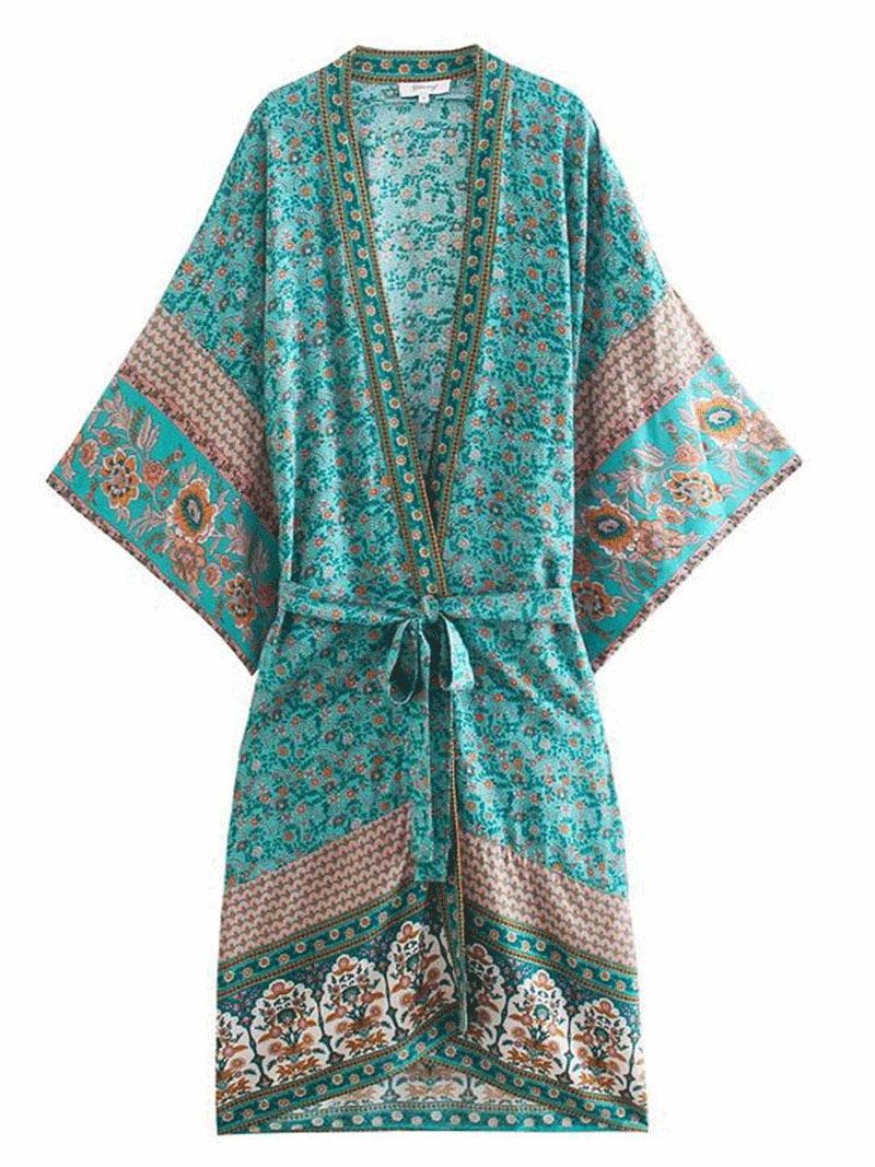 Nightwear Kimono Robe Duster Floral Print Blue Cotton Long Length Kimono - Fashionpara