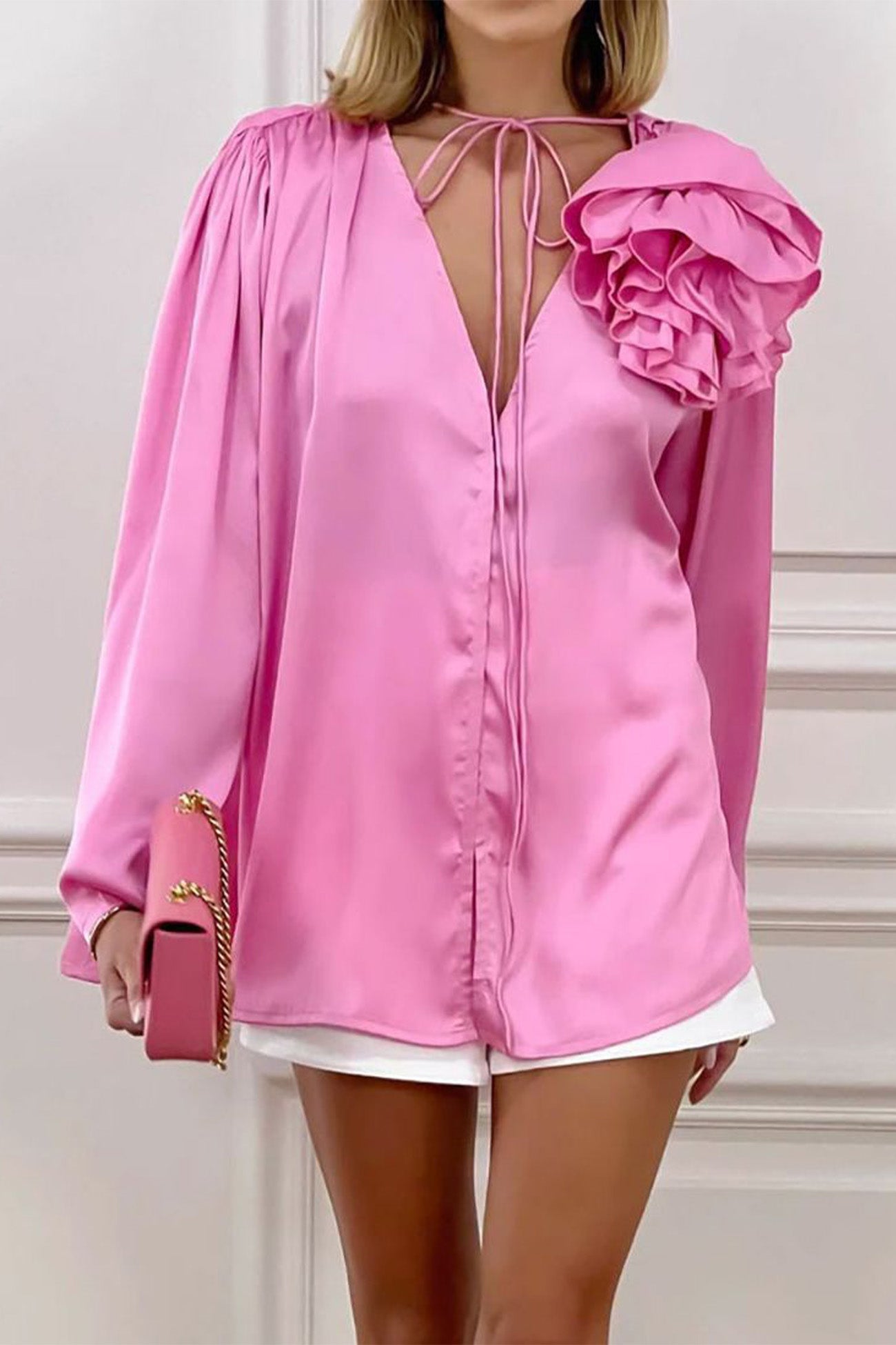 Pink V Neck Ruched Floral Lace-Up Blouse - Fashionpara