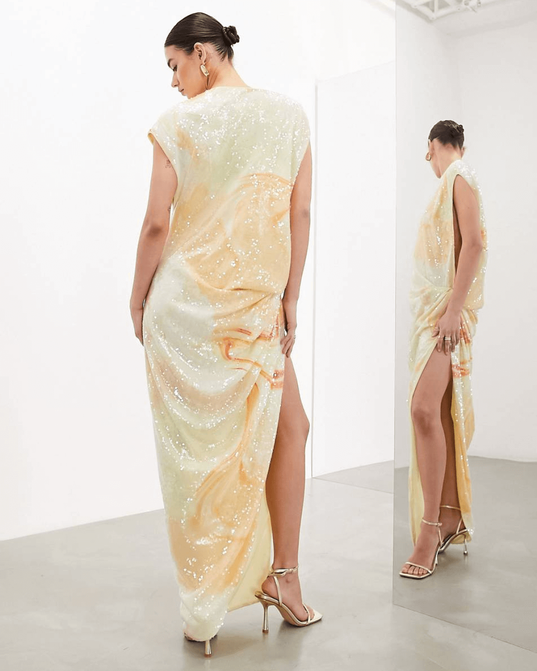 Sequin Open Side Drape Midi Dress - Fashionpara