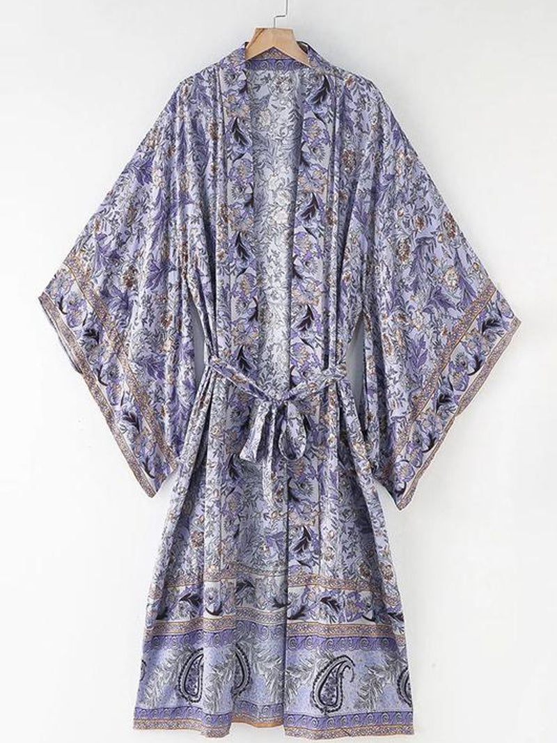 Beachwear Floral Print Purple Color Cotton Long Length Gown Kimono Duster Robe - Fashionpara