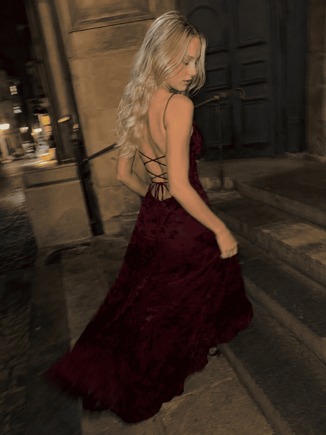 Crushed Velvet Lace Up Open Back Maxi Dress