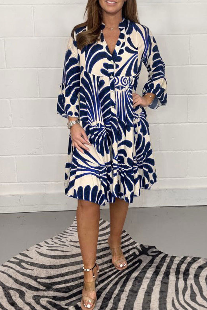 Abstract Floral Print Mandarin Collar Bell Sleeve Midi Dress