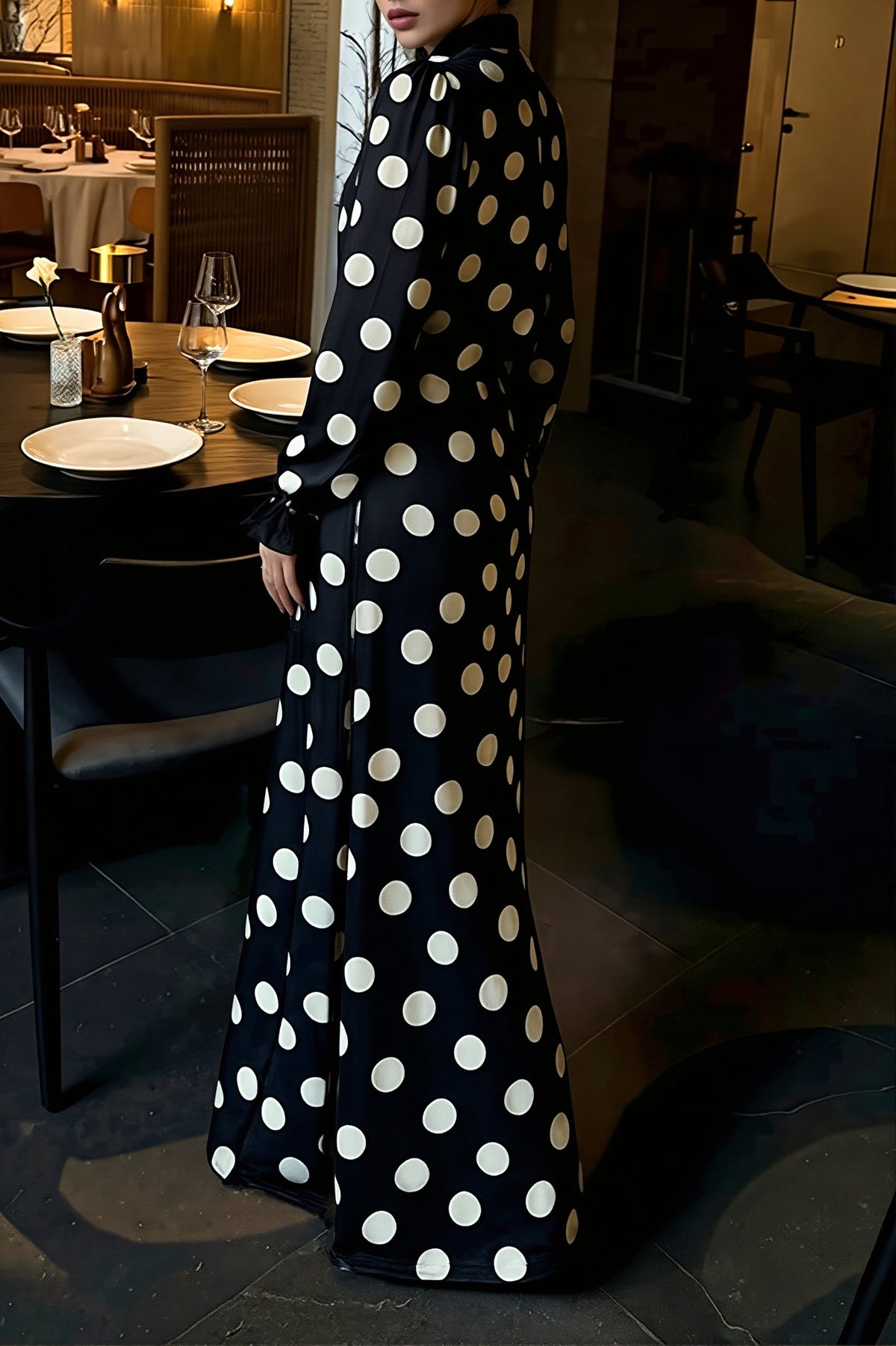 Polka Dot Keyhole Balloon Sleeve Mermaid Gown 10
