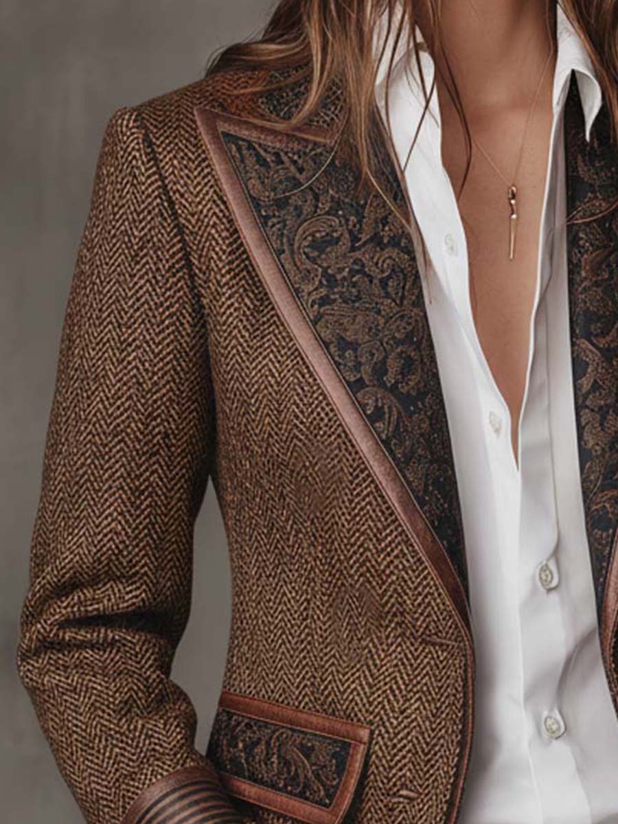 Herringbone Tweed Paisley Panel Faux Leather Trim Blazer 5