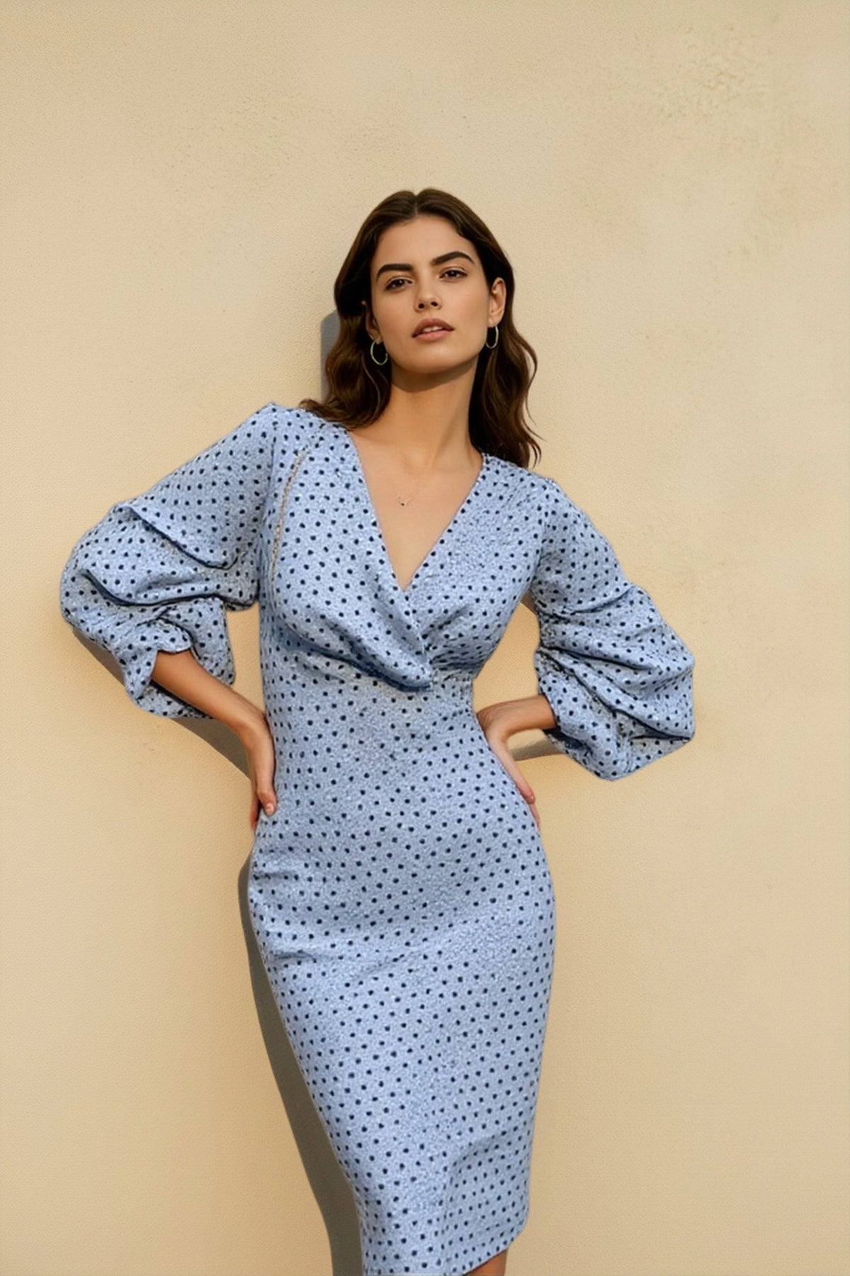 Polka Dot V-Neck Puff Sleeve Bodycon Midi Dress