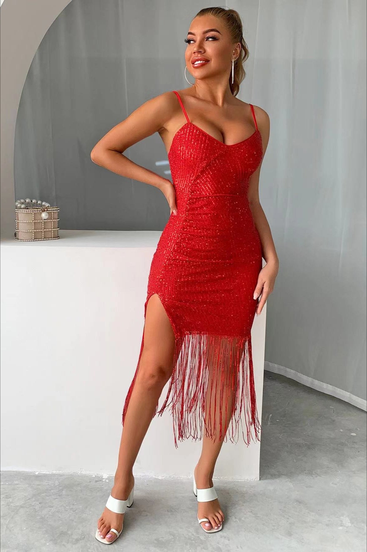 Sequin Spaghetti Strap Tassel Hem Bodycon Midi Dress 5