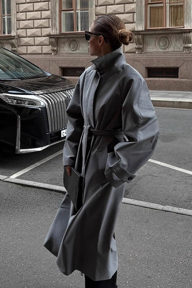 Elegant Solid Color Belted Long Overcoat for Chic Style
