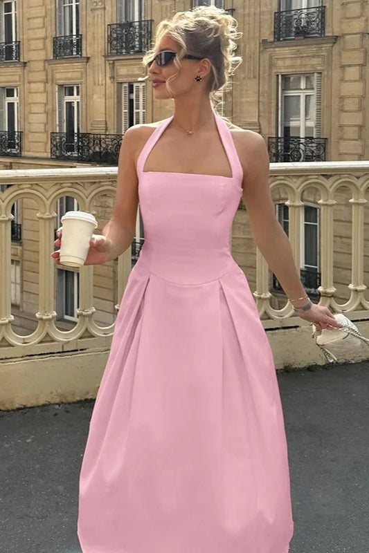 Linen-Look Halter Neck Pleated A-Line Midi Dress