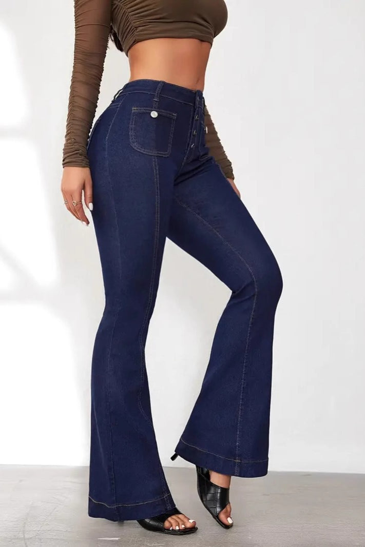 High Waist Button Front Patchwork Slim Kick Flare Jeans