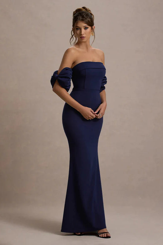 Elegant Fit-and-Flare Bubble Sleeve Strapless Party Dress - Fashionpara