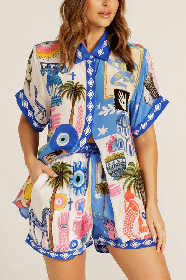 Unique Printed Short-sleeved Casual Loose Shirt and Elastic Waist Drawstring Pocket Shorts Set - Fashionpara