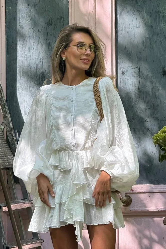 Linen Round Neck Puff Sleeve Ruffle Tiered Mini Dress