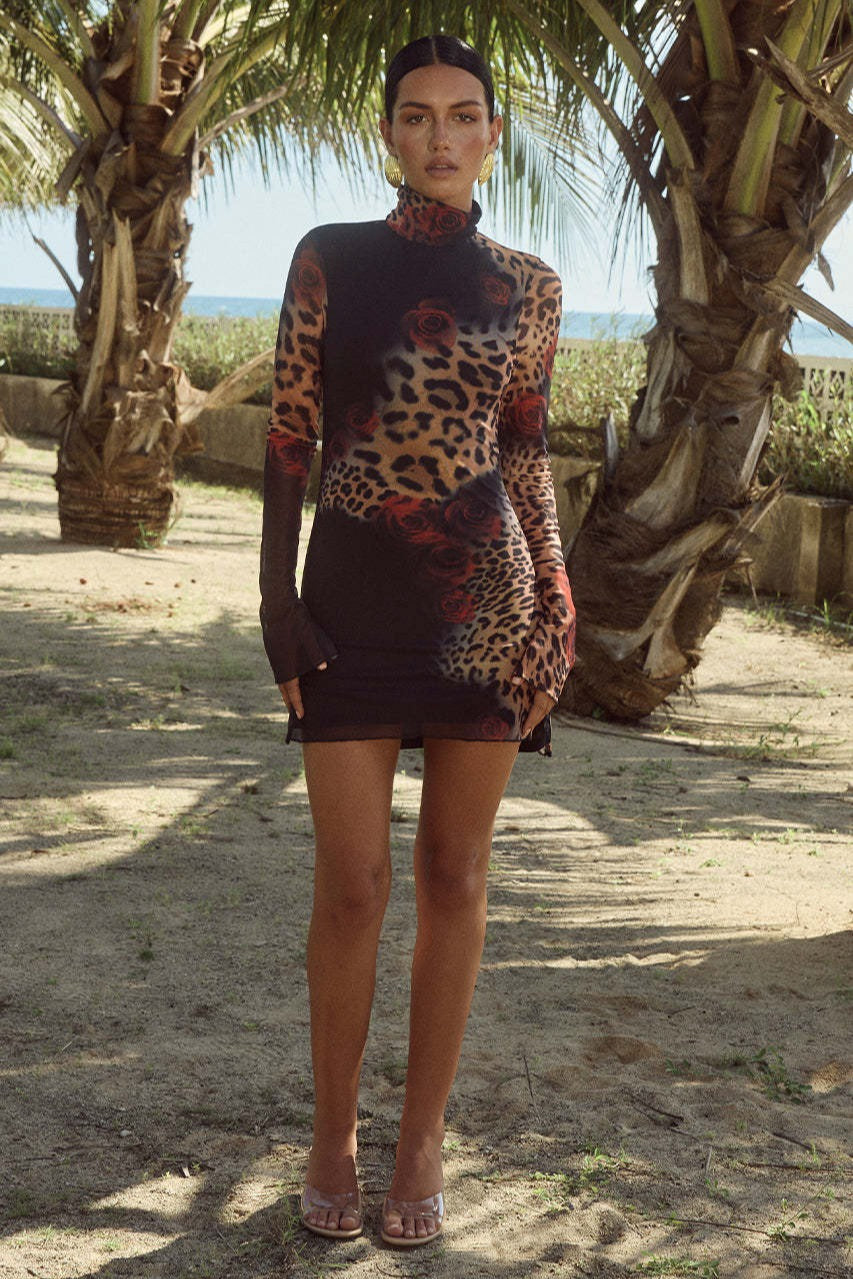 Leopard & Rose Print High Neck Long Sleeve Mini Dress