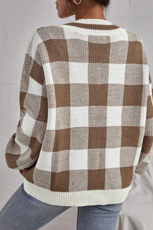 Plaid V-Neck Long Sleeve Knit Sweater for Stylish Comfort