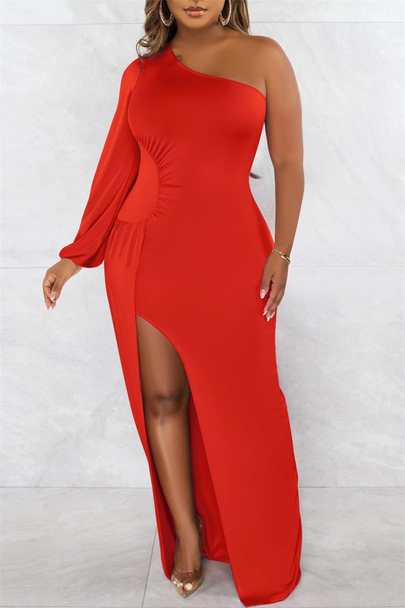 Sexy Formal Solid Backless Slit Oblique Collar Long Sleeve Dresses  Fashionpara
