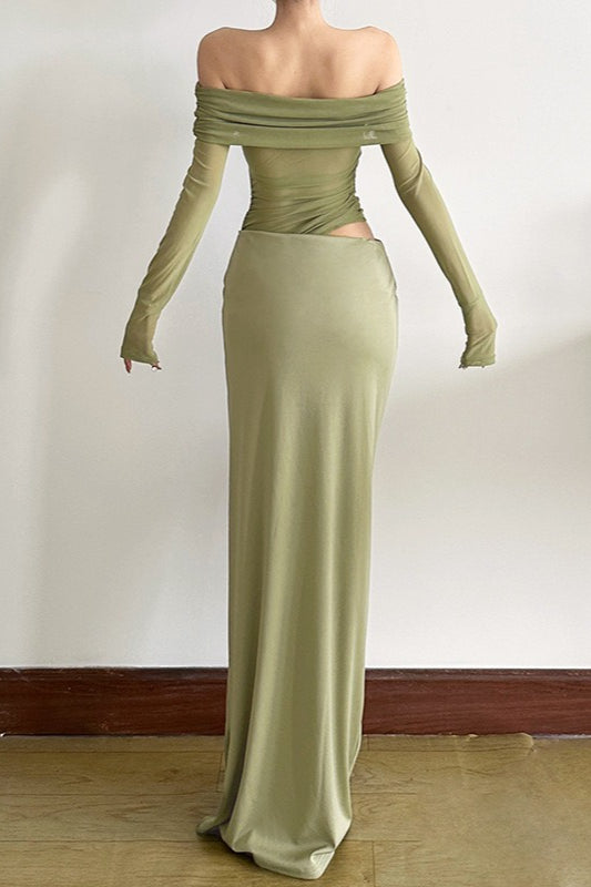 Off Shoulder Long Sleeve Sheer Mesh Ruched Bodycon Maxi Dress - View 12