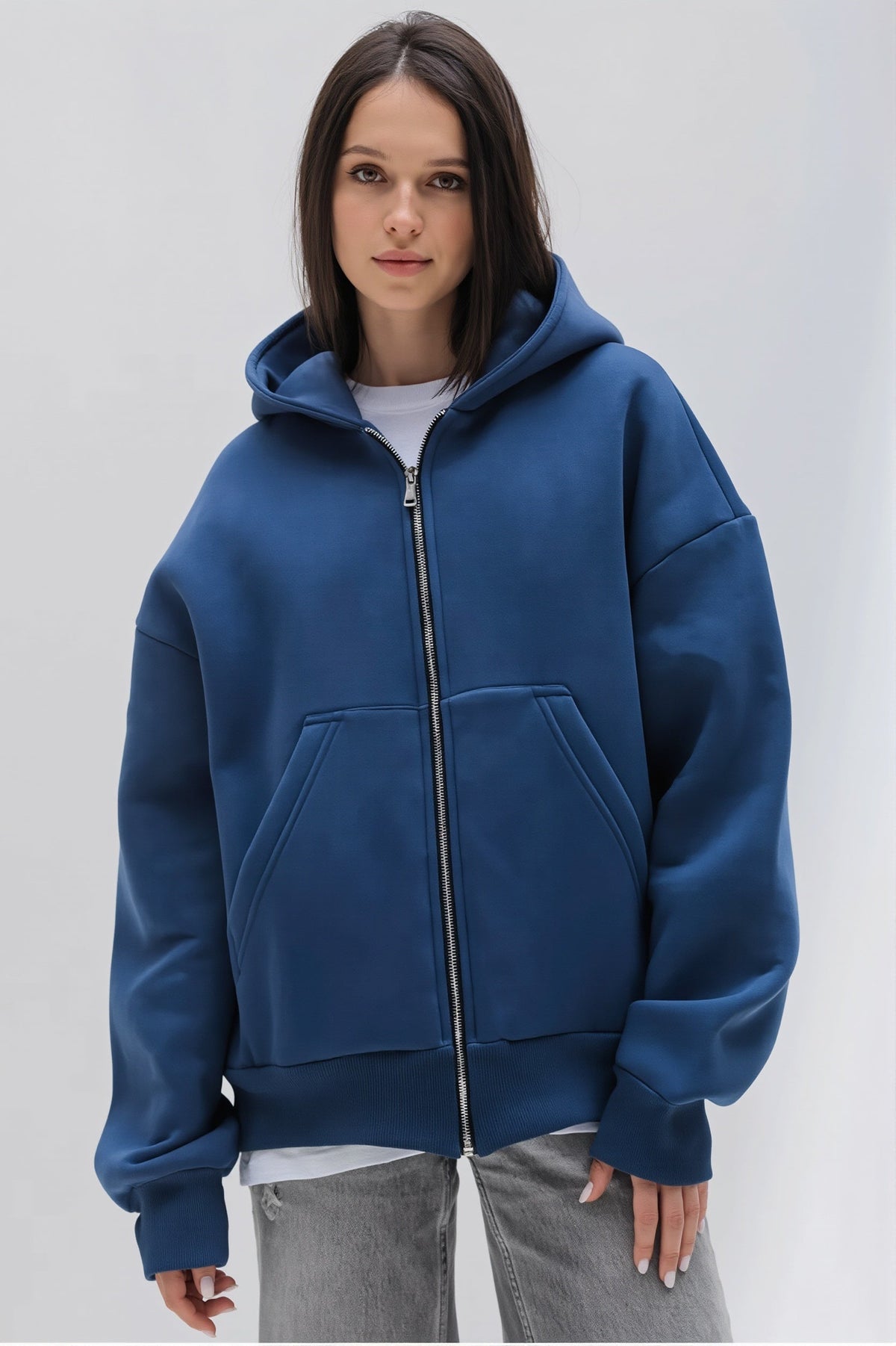 Solid Oversized Zip Up Hoodie