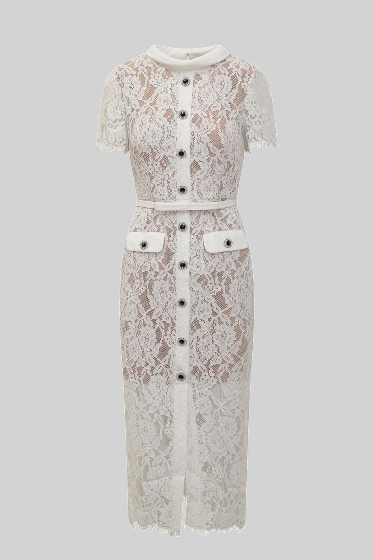 Lace High Neck Button Front Pocket Slit Midi Dress - View 2