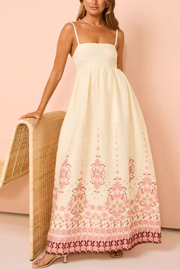 Linen Blend Floral Print Sleeveless A-Line Maxi Dress