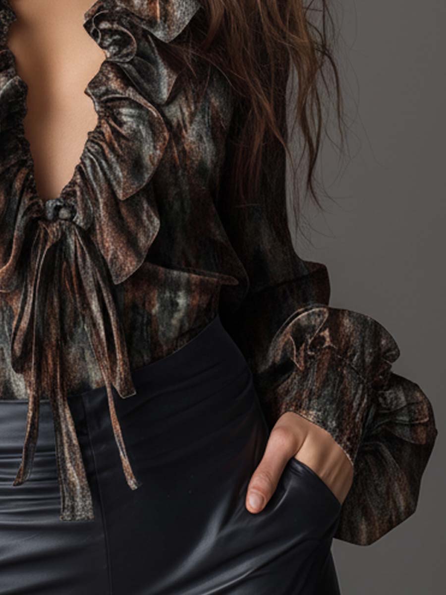Retro-style Shimmering Print Velvet Ruffled Tie-front Shirt With Puffy Sleeves - Fashionpara